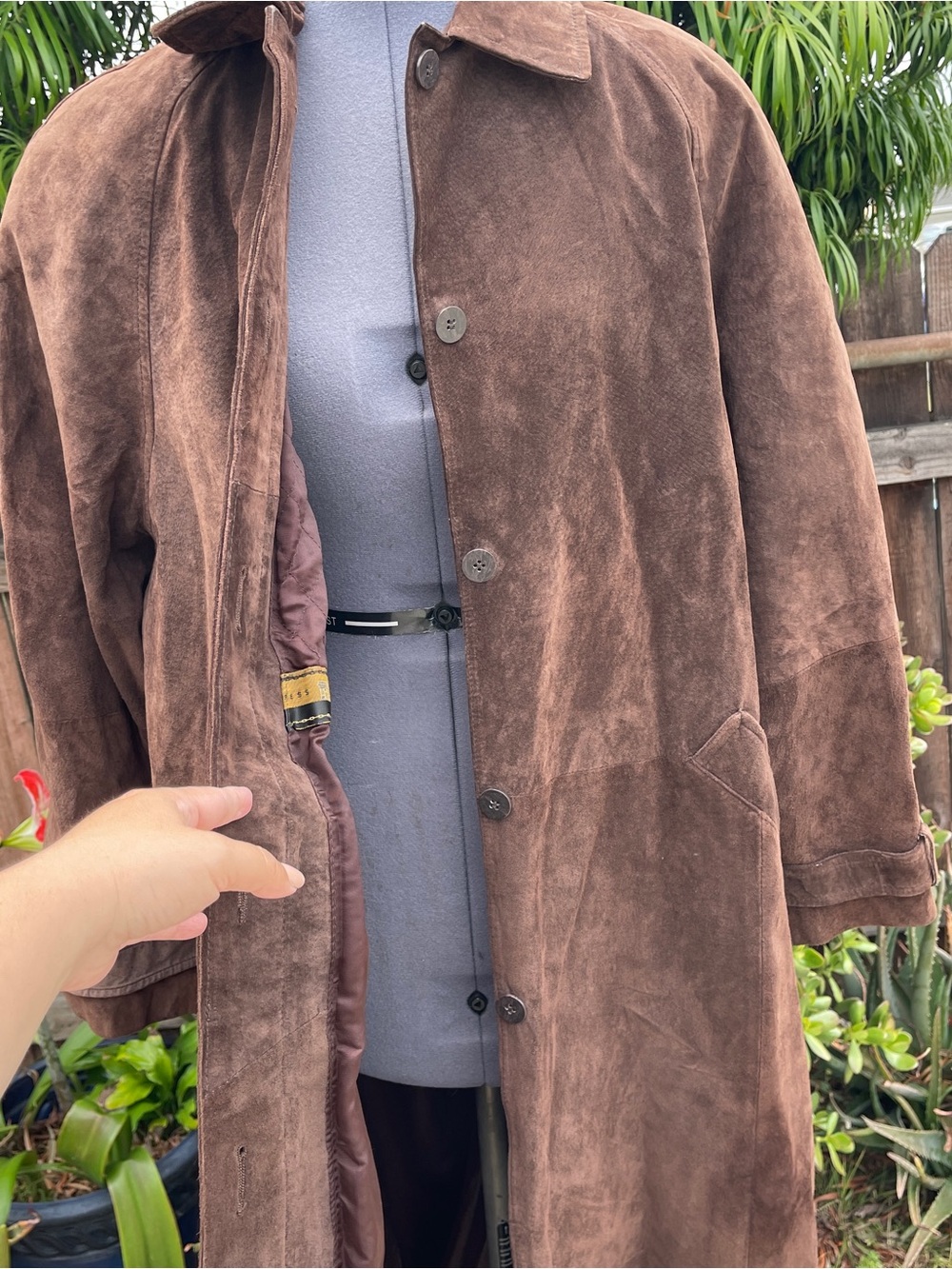 Vintage Y2K Express Women's Brown Suede Leather Trench Coat - size L - Picture 2 of 14